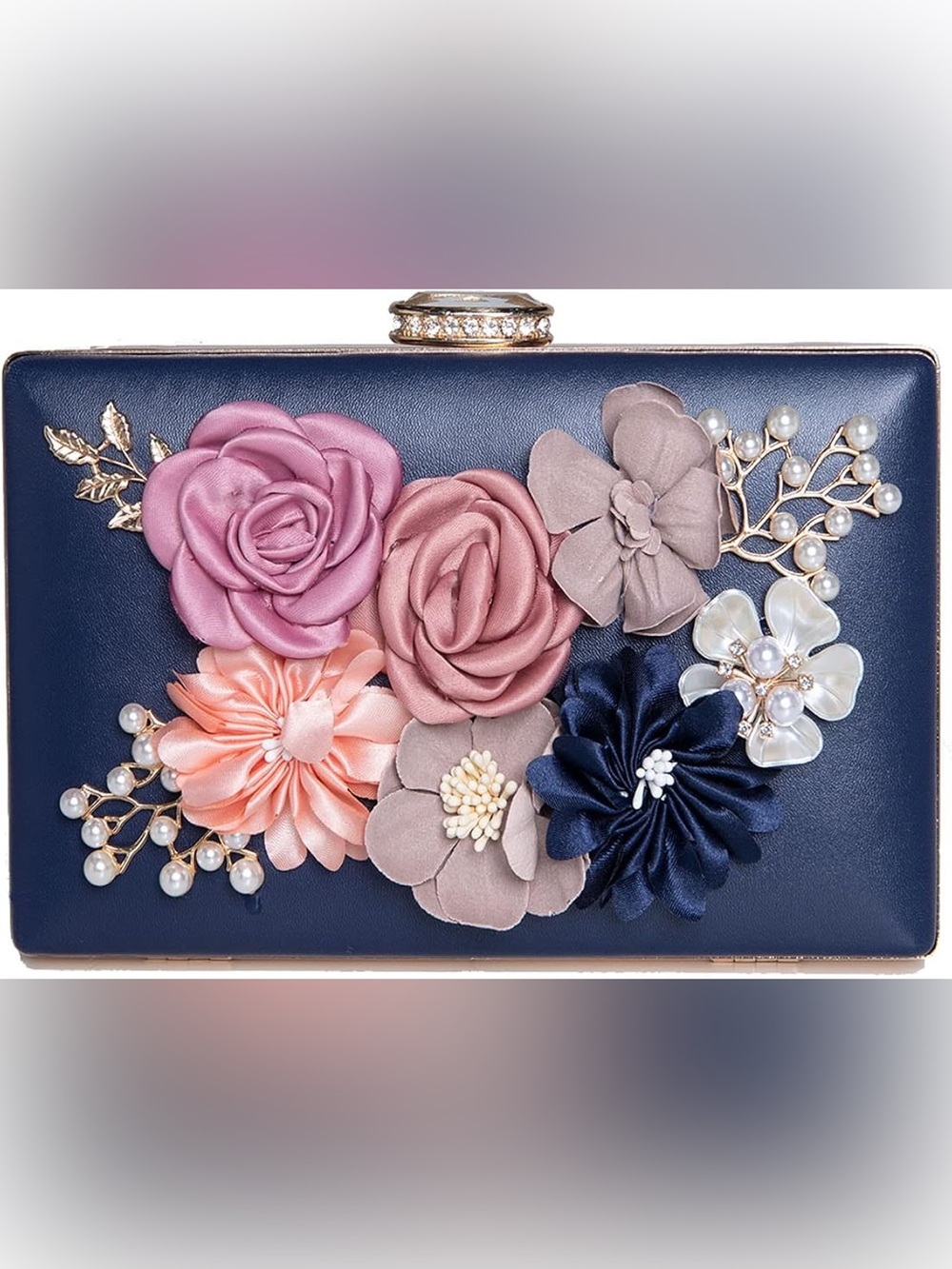 Amazon Navy Floral Applique Clutch with Pink, Peach & Cream Flowers
